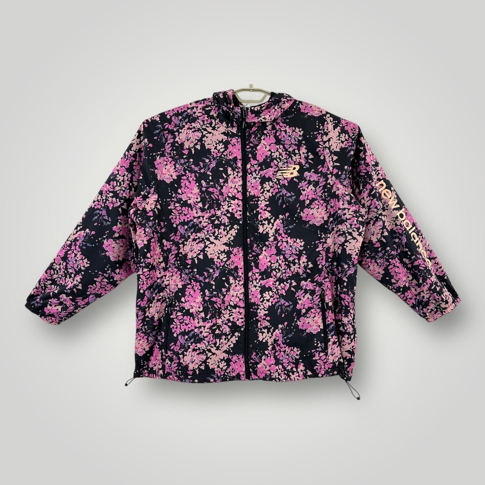 New Balance Jacket Womens Size 3X Black Pink Floral‎ Hooded Full Zip Windbreaker